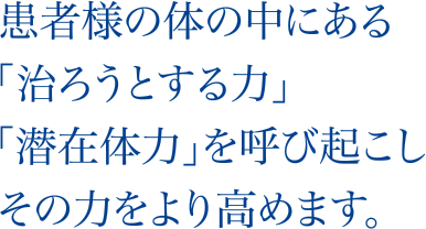 患者様の体の中にある「治ろうとする力」「潜在体力」を呼び起こしその力をより高めます。